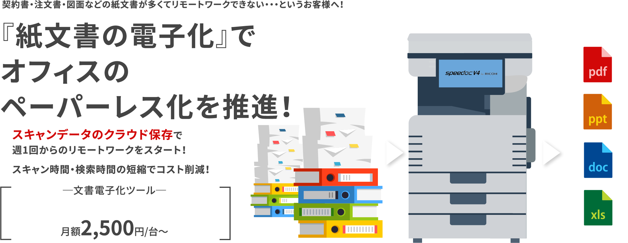 契約書・注文書・図面などの紙文書が多くてリモートワークできない・・・というお客様へ！『紙文書の電子化』でオフィスのペーパーレス化を推進！■スキャンデータのクラウド保存で週1回からのリモートワークをスタート！■スキャン時間・検索時間の短縮でコスト削減！─文書電子化ツール─SpeedocV4 for RICOH 月額2,500円/台～