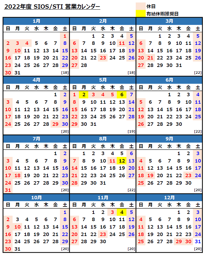 2022年 営業カレンダーのお知らせ｜インフォメーション｜サイオステクノロジー株式会社