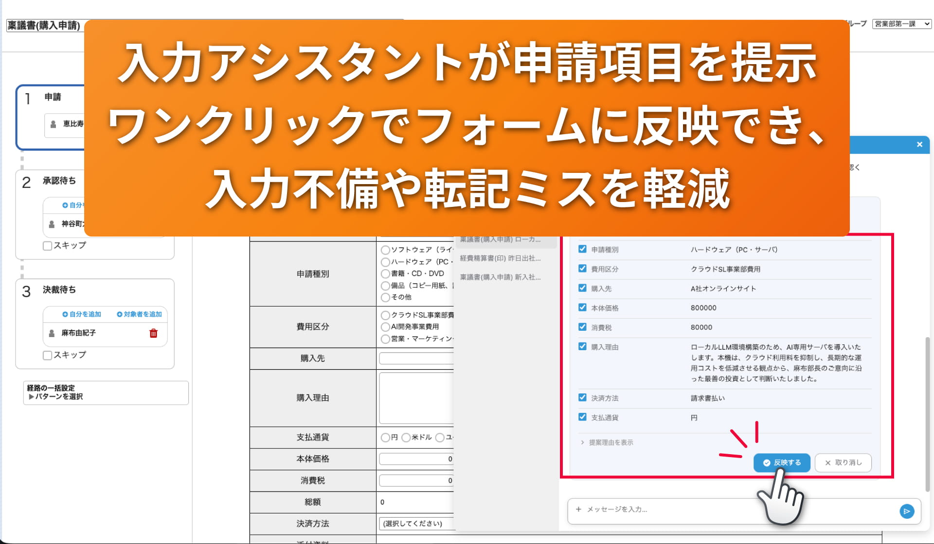 利用イメージ【ステップ3】内容を確認し、ワンクリックで申請フォームへ反映
