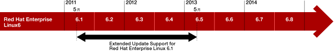 Red Hat Enterprise Linux6.1（2011年5月リリース）EUSをご利用いただくことで、2013年5月までサポートが延長されます。